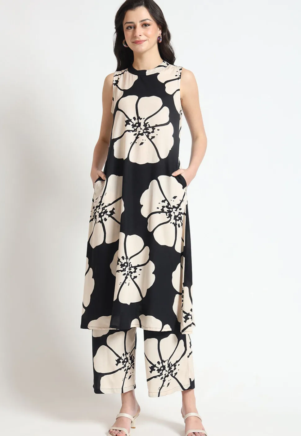 Digital Printed Rayon A Line Kurta Set in Black