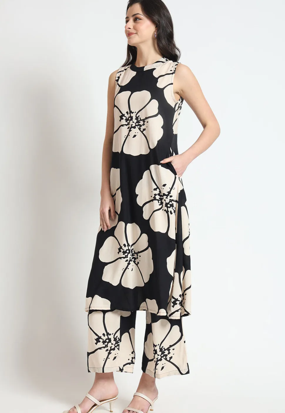 Digital Printed Rayon A Line Kurta Set in Black