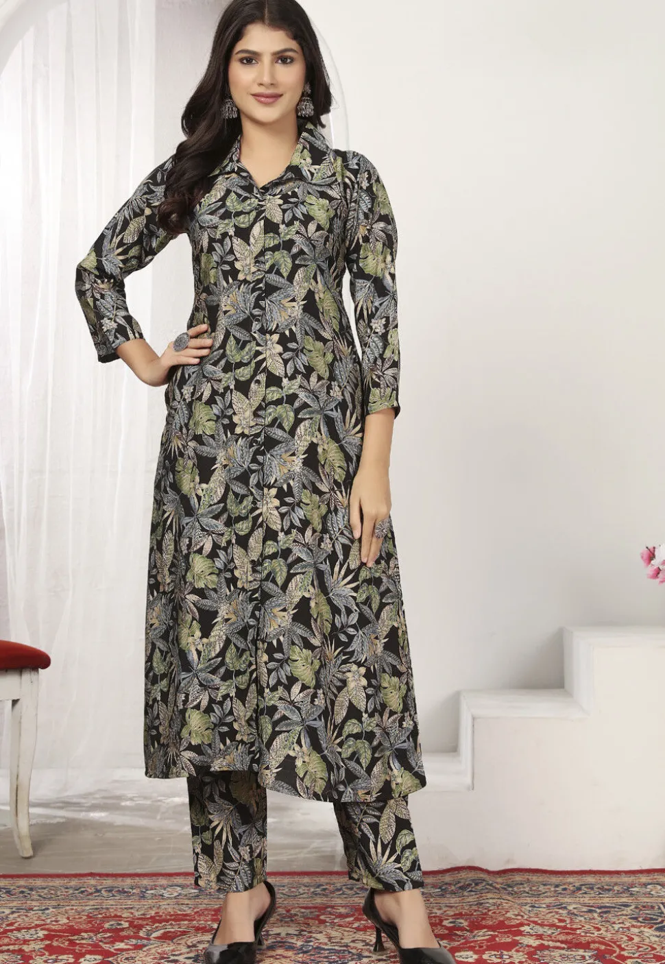 Digital Printed Rayon A Line Kurta Set in Black