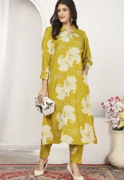 Digital Printed Rayon A Line Kurta Set in Yellow