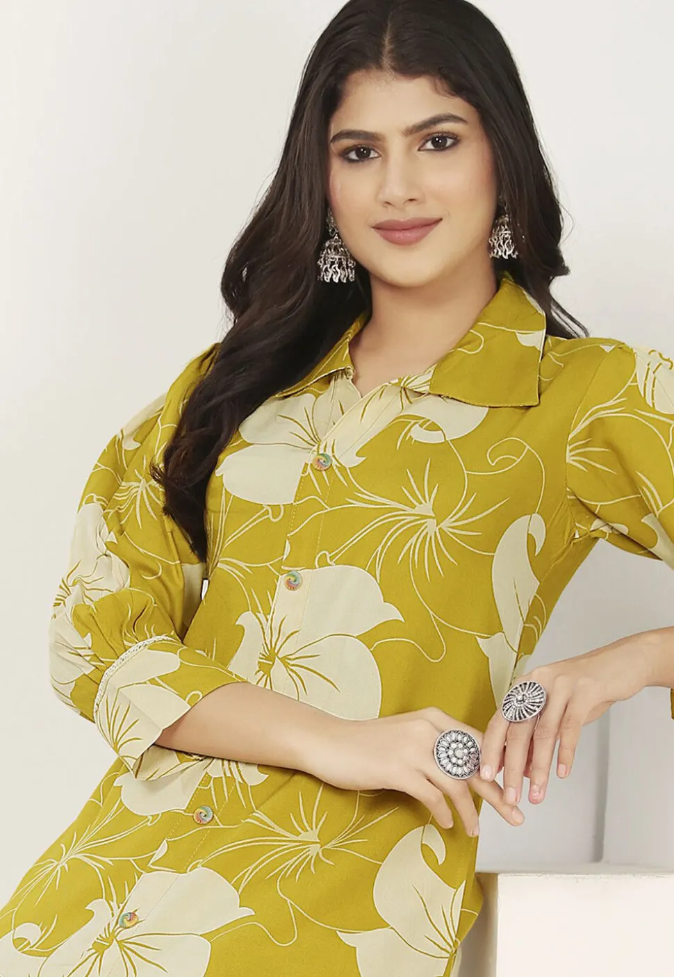 Digital Printed Rayon A Line Kurta Set in Yellow