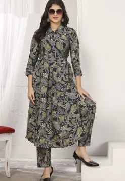 Digital Printed Rayon A Line Kurta Set in Black
