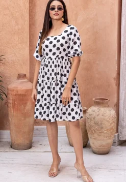 Digital Printed Rayon Aline Dress in Off White
