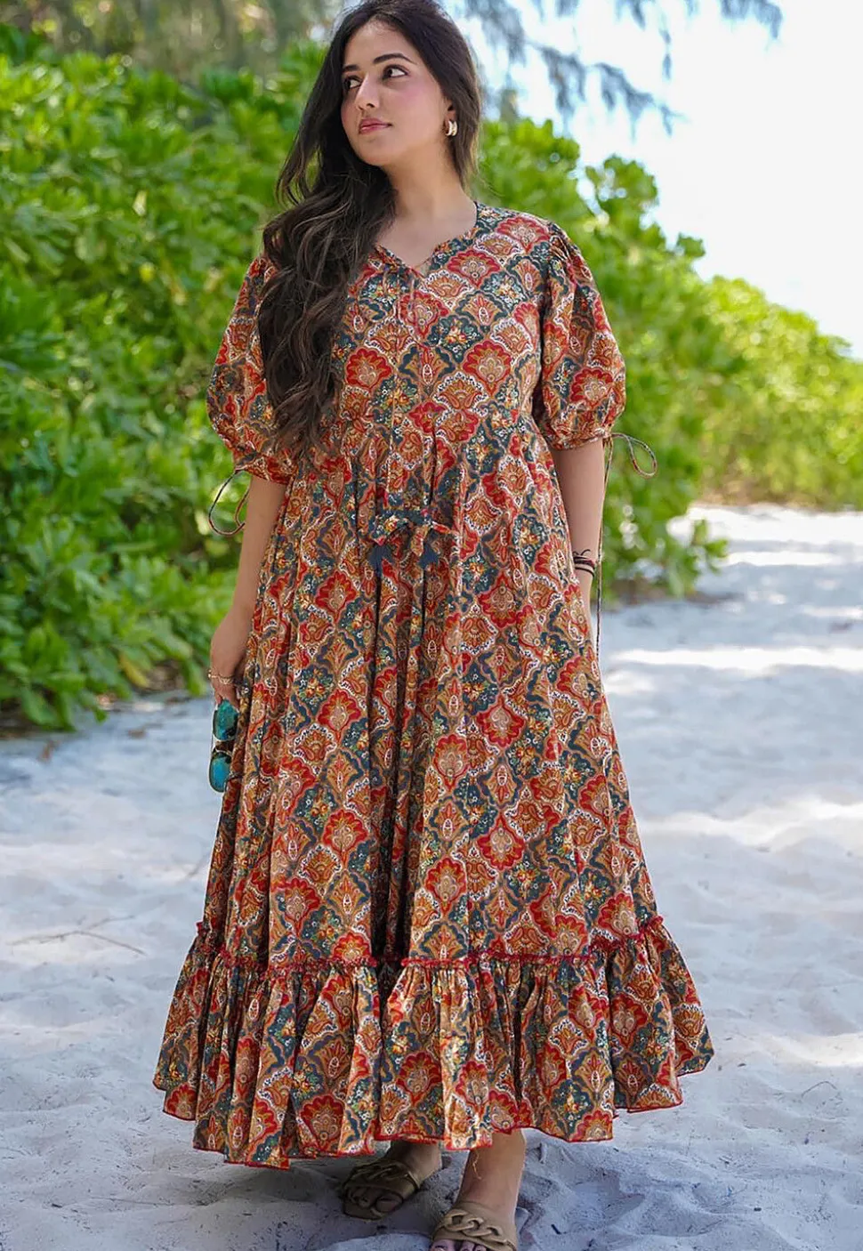 Digital Printed Rayon Aline Dress in Red and Green