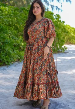 Digital Printed Rayon Aline Dress in Red and Green