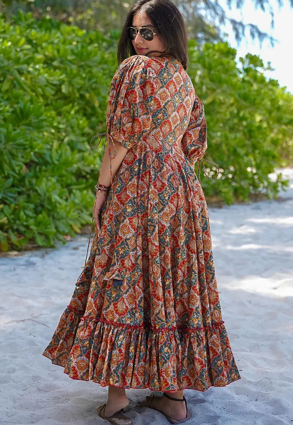 Digital Printed Rayon Aline Dress in Red and Green