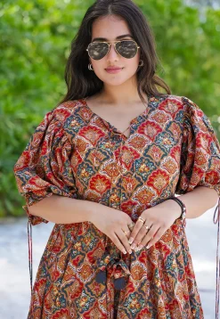 Digital Printed Rayon Aline Dress in Red and Green