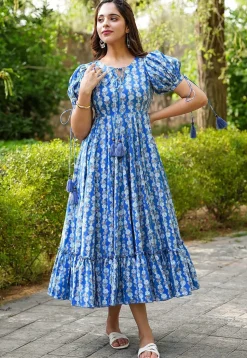Digital Printed Rayon Aline Dress in Blue