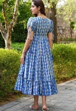 Digital Printed Rayon Aline Dress in Blue