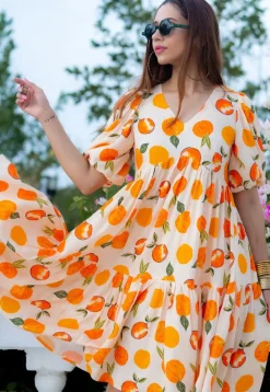 Digital Printed Rayon Aline Dress in Cream