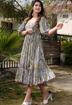 Digital Printed Rayon Aline Dress in Olive Green