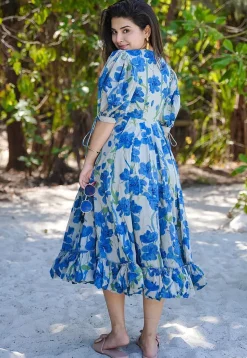 Digital Printed Rayon Aline Dress in Cream and Blue