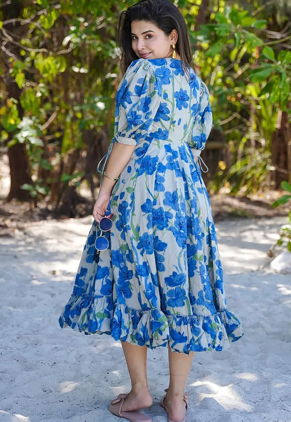 Digital Printed Rayon Aline Dress in Cream and Blue