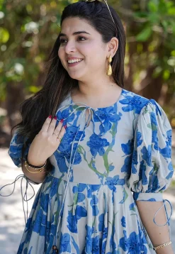 Digital Printed Rayon Aline Dress in Cream and Blue