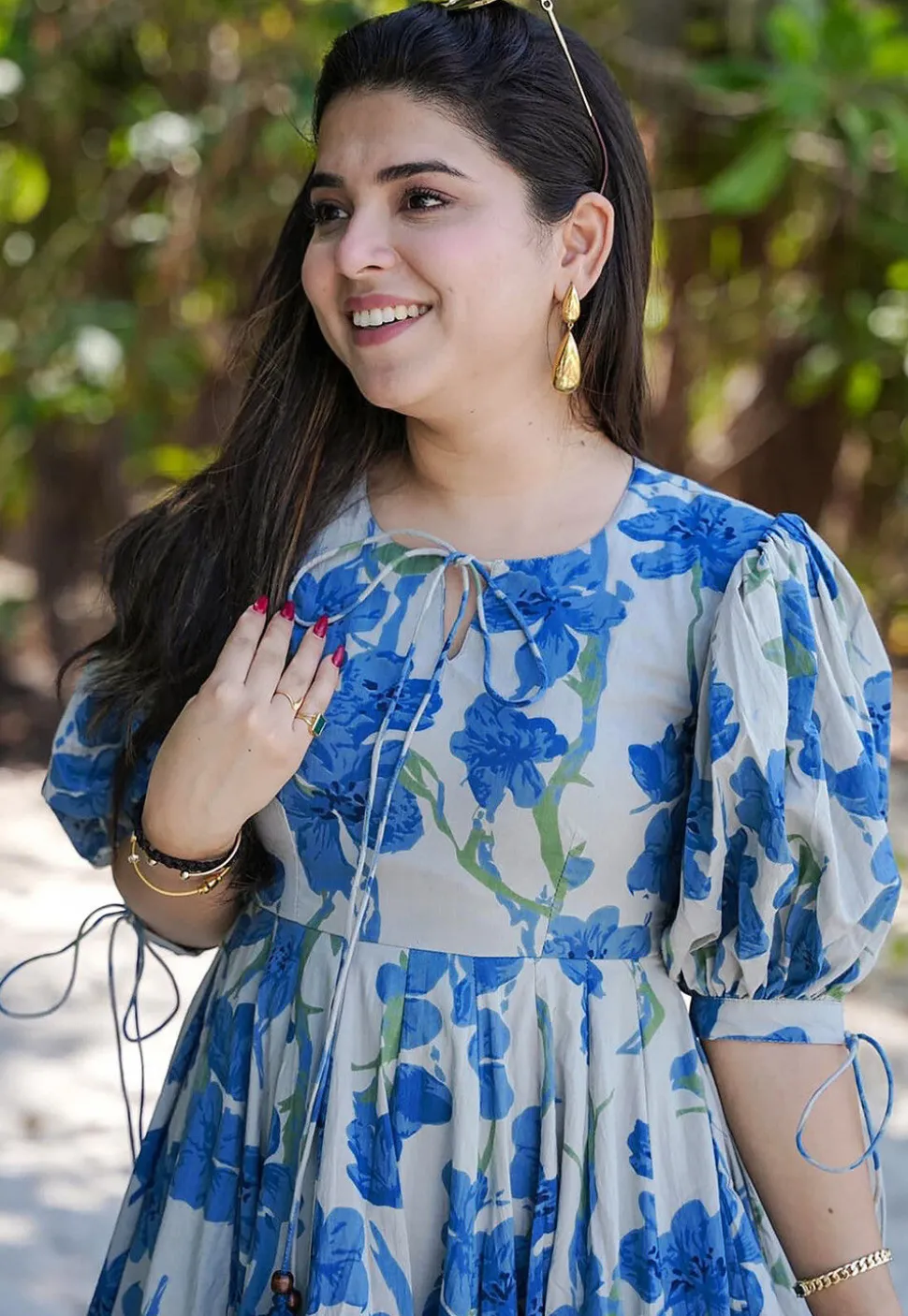 Digital Printed Rayon Aline Dress in Cream and Blue