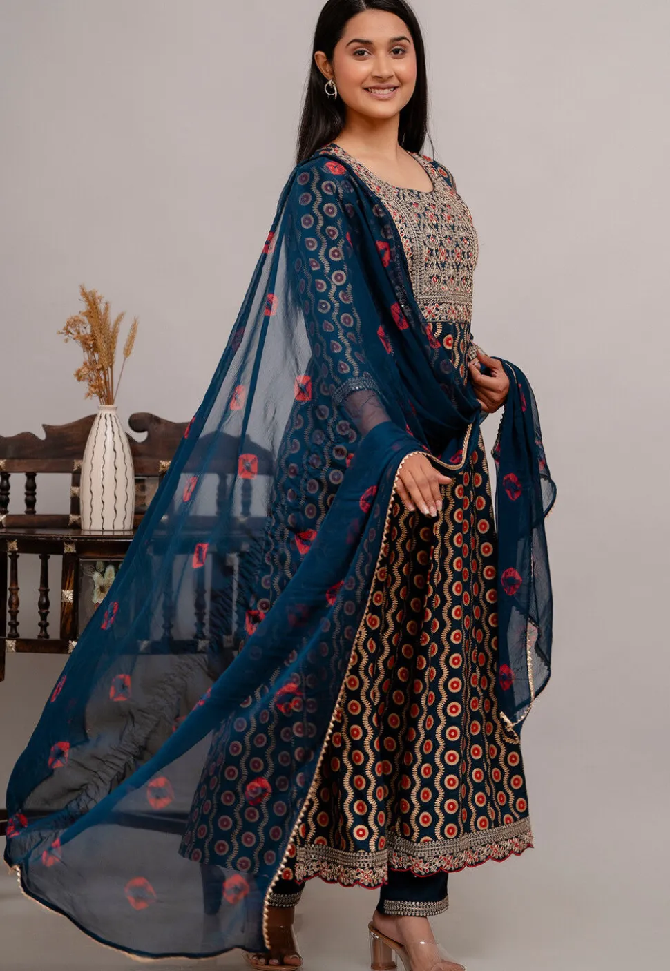 Digital Printed Rayon Anarkali Suit in Teal Blue