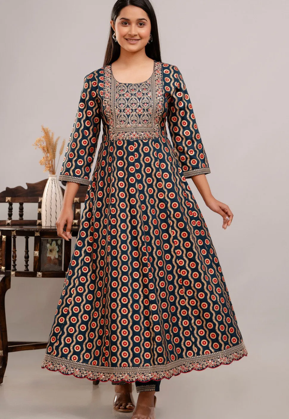 Digital Printed Rayon Anarkali Suit in Teal Blue
