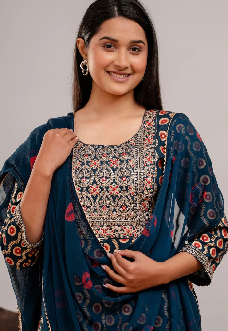 Digital Printed Rayon Anarkali Suit in Teal Blue