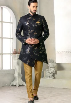 Digital Printed Rayon Asymmetric Jodhpuri Suit in Black