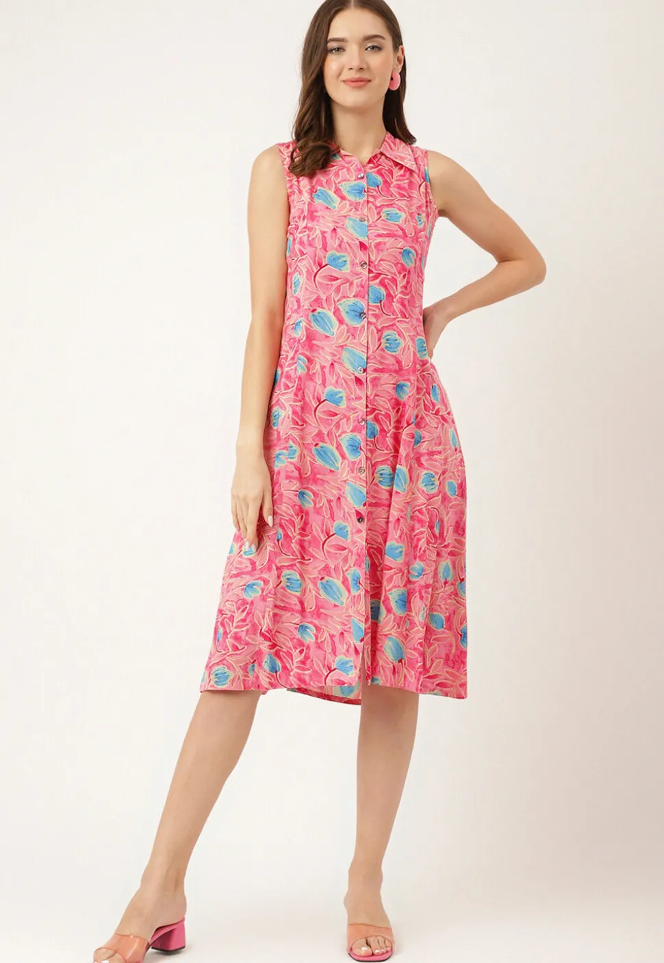 Digital Printed Rayon Button Down Dress in Pink