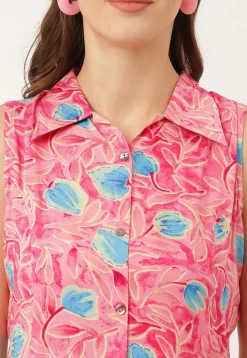 Digital Printed Rayon Button Down Dress in Pink