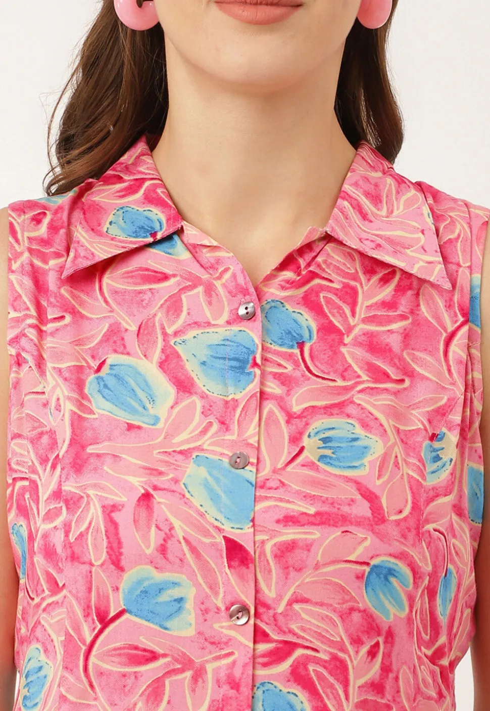 Digital Printed Rayon Button Down Dress in Pink