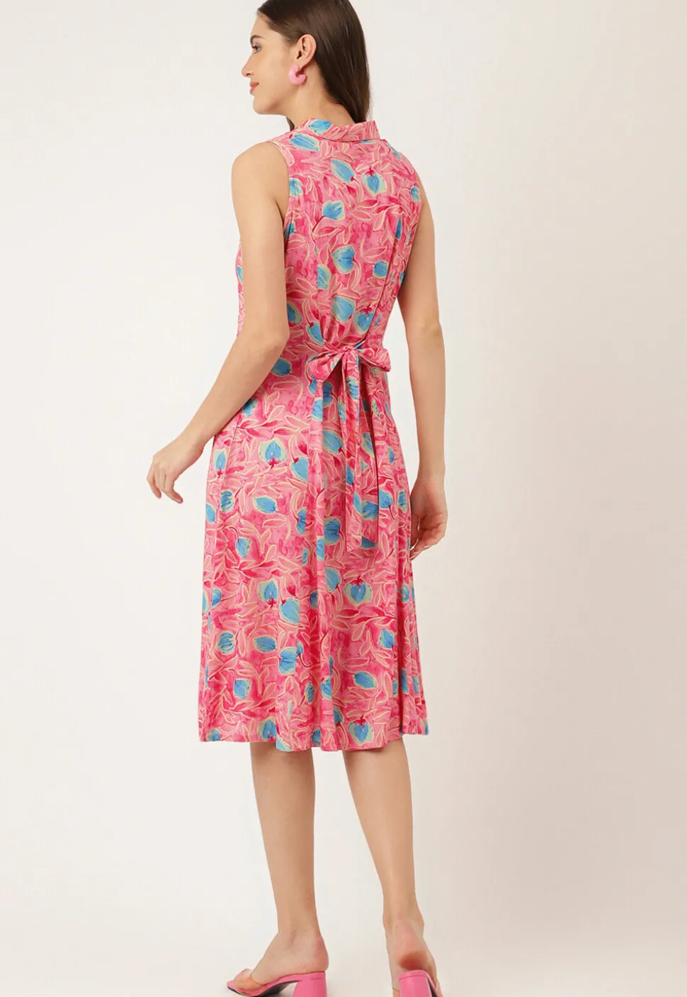 Digital Printed Rayon Button Down Dress in Pink