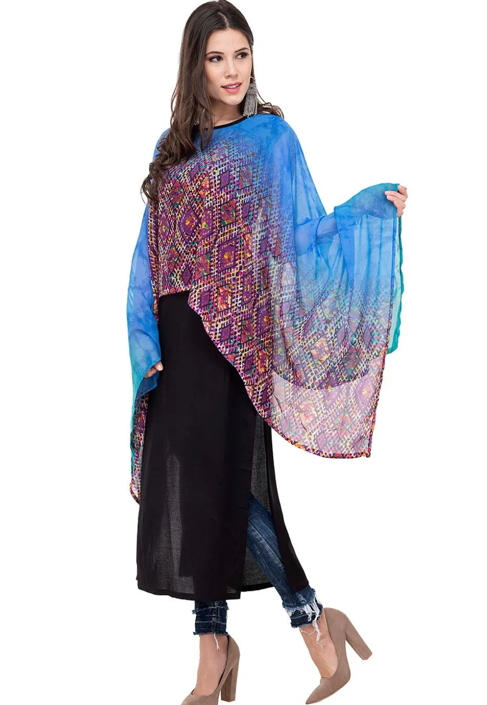 Digital Printed Rayon Cape Style Kurta in Black and Blue