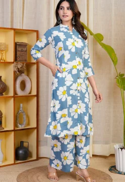 Digital Printed Rayon Co Ord Set in Blue