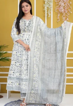 Digital Printed Rayon Cotton Anarkali Suit in Off White
