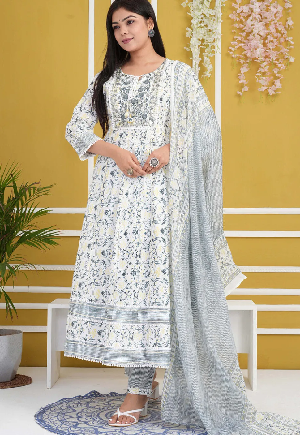 Digital Printed Rayon Cotton Anarkali Suit in Off White