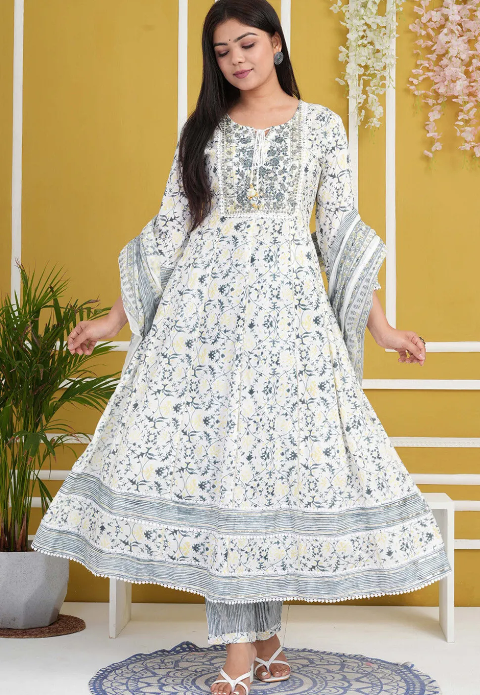 Digital Printed Rayon Cotton Anarkali Suit in Off White