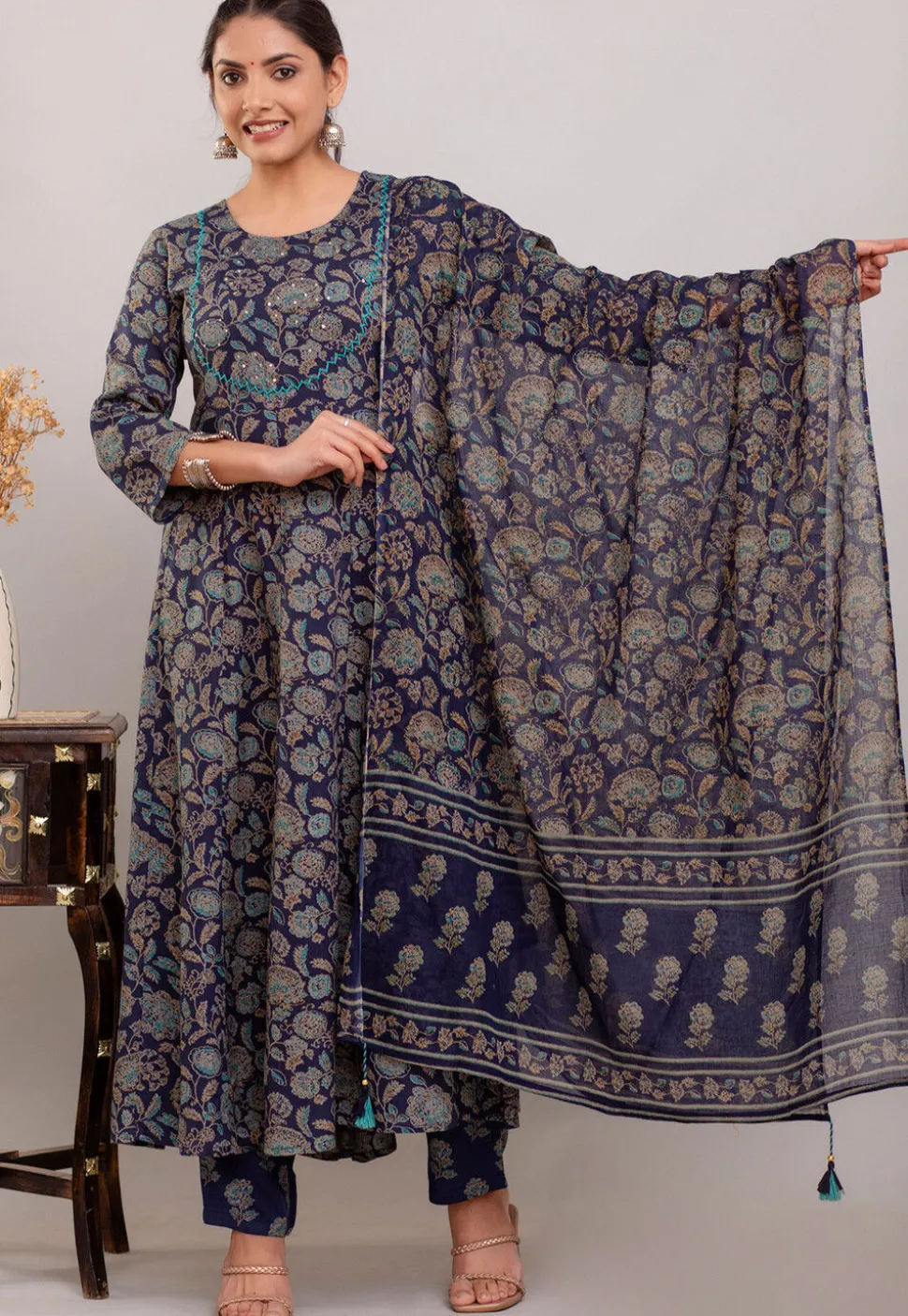 Digital Printed Rayon Cotton Anarkali Suit in Navy Blue