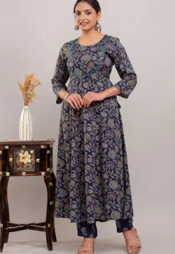Digital Printed Rayon Cotton Anarkali Suit in Navy Blue