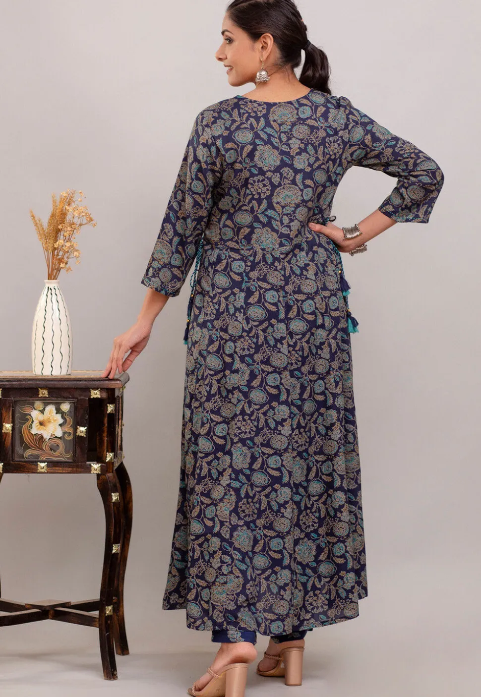 Digital Printed Rayon Cotton Anarkali Suit in Navy Blue