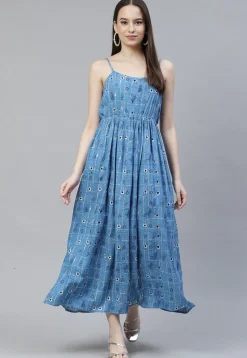 Digital Printed Rayon Dress in Blue