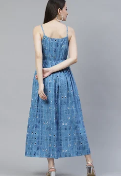 Digital Printed Rayon Dress in Blue