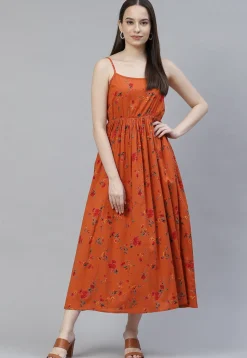 Digital Printed Rayon Dress in Orange