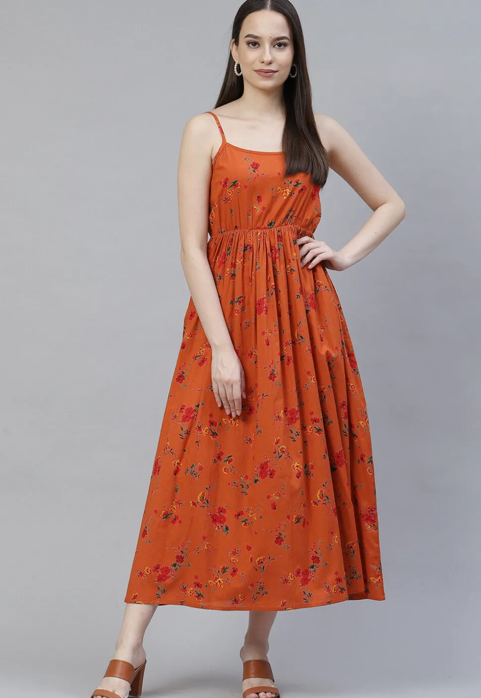 Digital Printed Rayon Dress in Orange