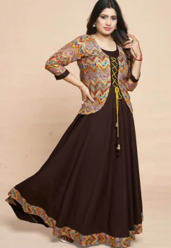 Digital Printed Rayon Gown in Brown