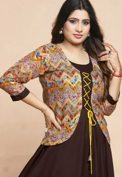 Digital Printed Rayon Gown in Brown