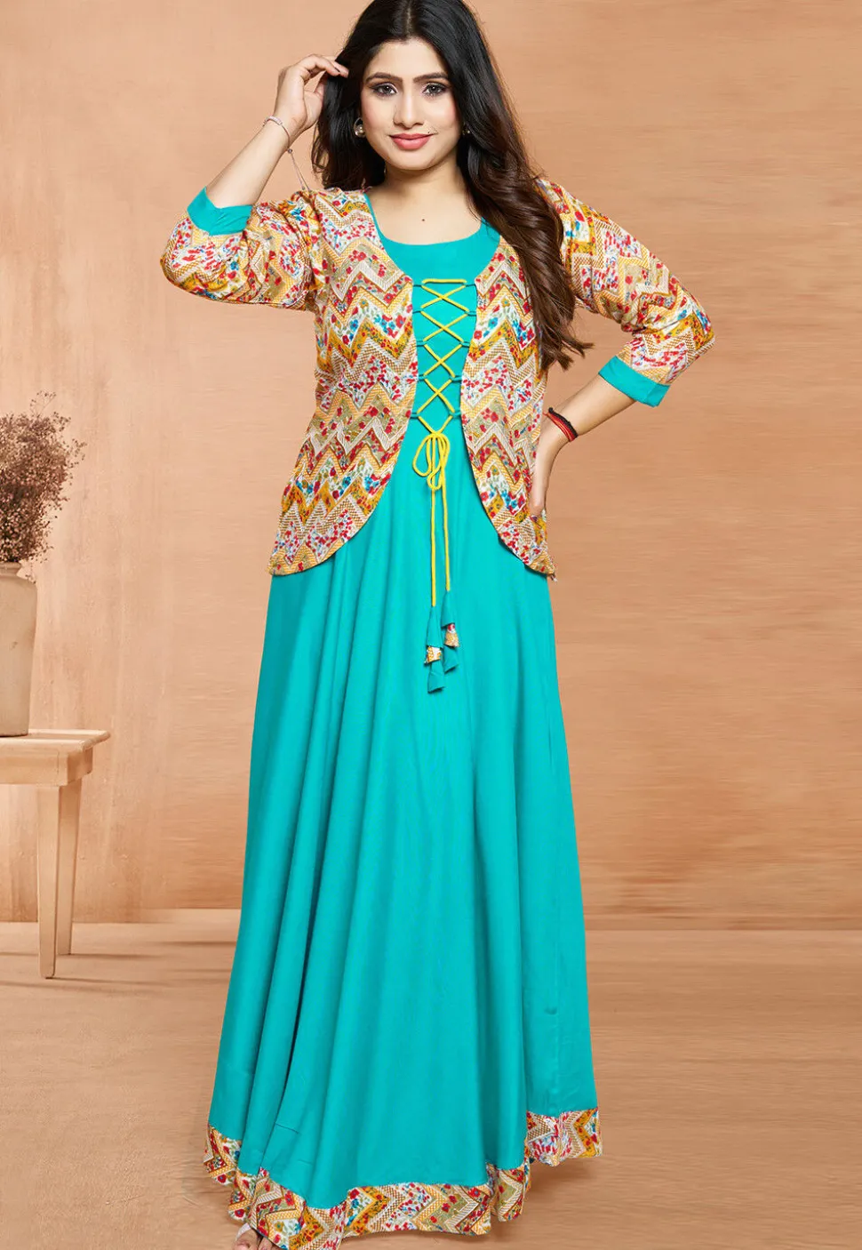 Digital Printed Rayon Gown in Turquoise