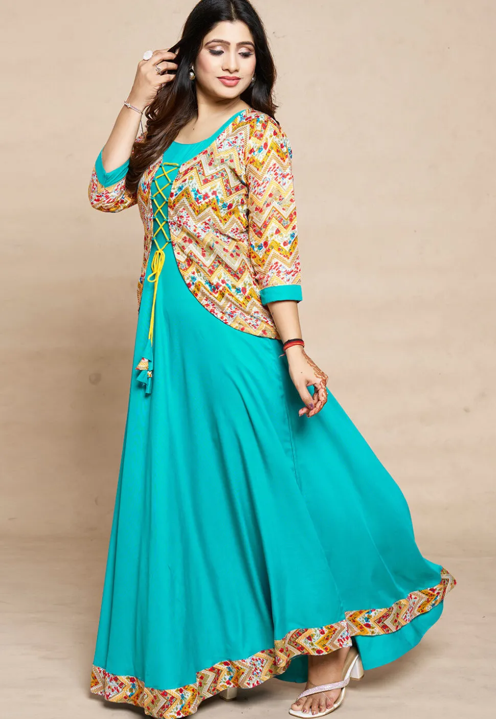 Digital Printed Rayon Gown in Turquoise