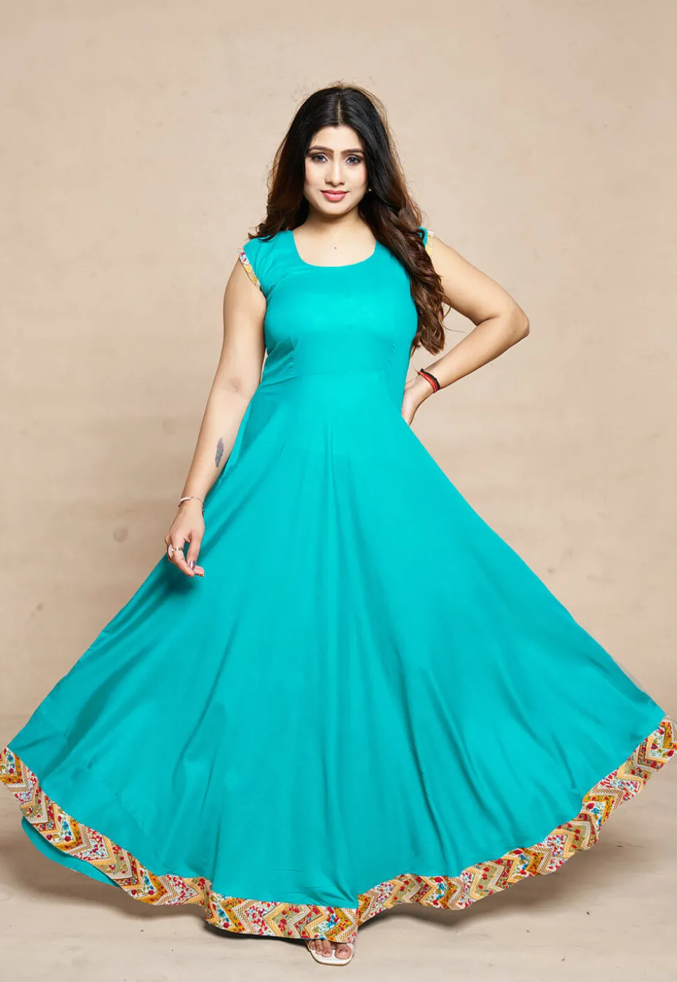 Digital Printed Rayon Gown in Turquoise
