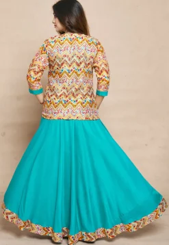 Digital Printed Rayon Gown in Turquoise