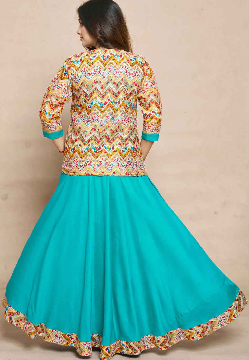 Digital Printed Rayon Gown in Turquoise