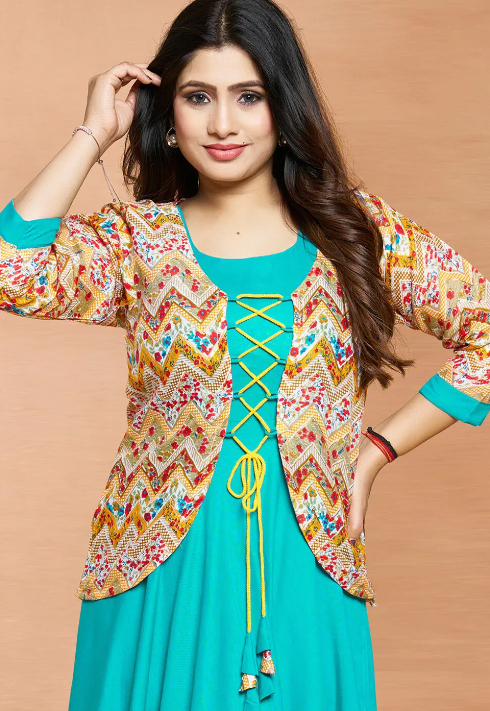 Digital Printed Rayon Gown in Turquoise