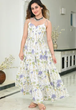 Digital Printed Rayon Gown in Off White