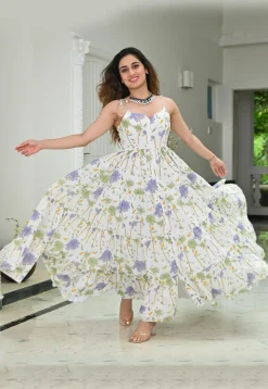 Digital Printed Rayon Gown in Off White