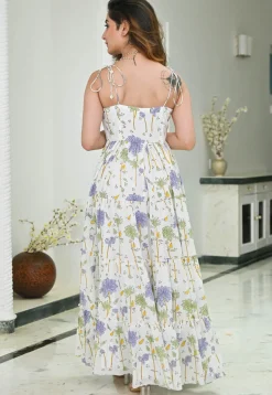 Digital Printed Rayon Gown in Off White